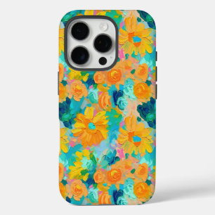 Coque iPhone 16 Pro Fleurs peintes jaune bleu vert rose Art Coloré
