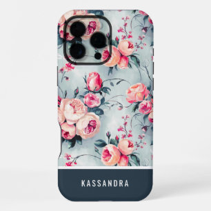 Coque iPhone 16 Pro Max Fleurs personnalisées bleu et pêche atténués