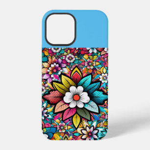 Coque iPhone 12 Pro Fleurs Rétro Colorées Bleu Rose Blanc