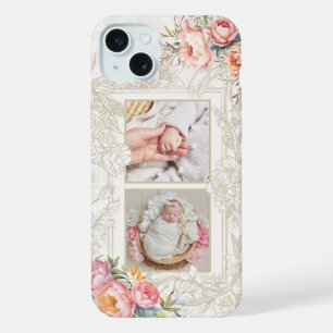 Coque iPhone 15 Plus Fleurs rose aquarelle gravées pour deux photos