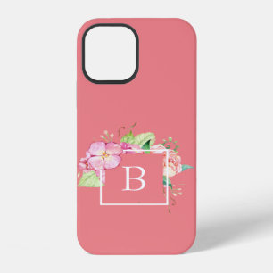 Coque iPhone 12 Fleurs rose et corail personnalisées avec monogram