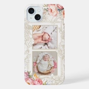Coque iPhone 15 Plus Fleurs roses aquarelle gravées pour deux photos