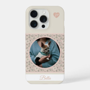 Coque iPhone 15 Pro Fleurs roses avec photo de VOTRE CHIEN et nom