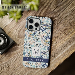 Coque iPhone 15 Pro Max Fleurs roses bleues personnalisables Floral blanc