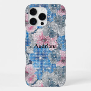 Coque iPhone 16 Pro Max Fleurs roses bleues scintillent