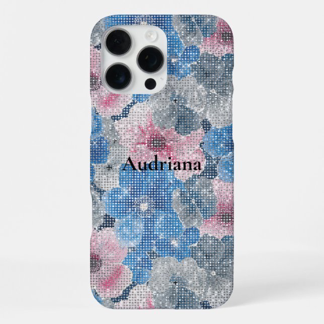 Coque iPhone Fleurs roses bleues scintillent (Verso)