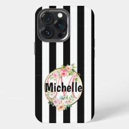 Etui iPhone 13 Pro Fleurs roses chic monogrammées rayures noires et b