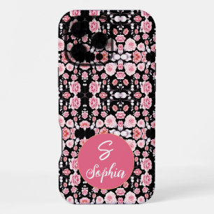 Coque iPhone 16 Pro Max Fleurs roses élégantes sur motif noir