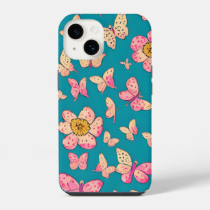 Coque Pour iPhone 14 Fleurs roses et motif de fond papillons