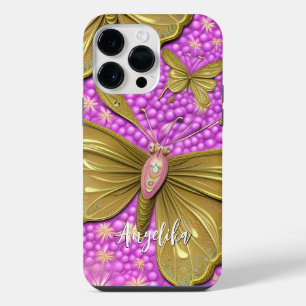 Coque Pour Pour iPhone 14 Pro Max Fleurs roses et papillons dorés Nom