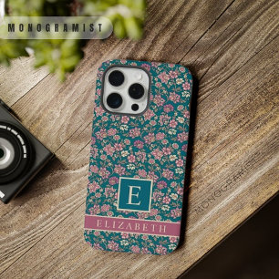 Coque iPhone 15 Pro Max Fleurs roses florales vert sarcelle personnalisabl