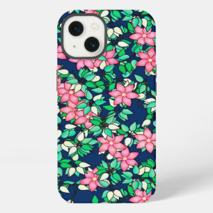 Etui iPhone 13 Fleurs roses, fond bleu foncé