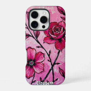 Coque iPhone 16 Pro Fleurs roses Impasto sur toile