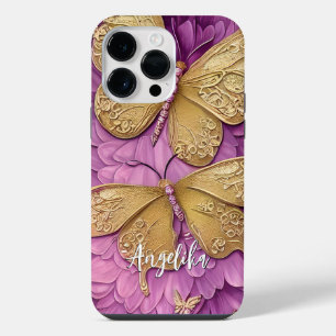Coque Pour Pour iPhone 14 Pro Max Fleurs roses personnalisées Papillons dorés Nom