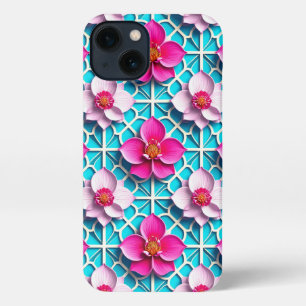 Etui iPhone 13 Fleurs roses sur fond bleu géométrique