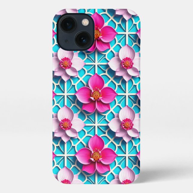 Coque iPhone Fleurs roses sur fond bleu géométrique (Verso)