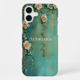 Coque iPhone 16 Plus Fleurs roses teintées de bleu romantique