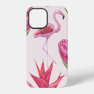 Coque iPhone 12 Fleurs roses tropicales, protéa, oiseau de paradis