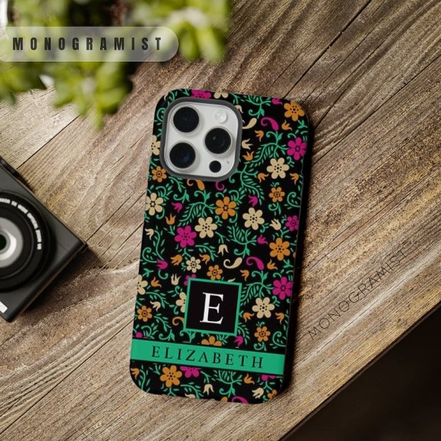 Coque iPhone Fleurs roses vertes florales noires personnalisabl (Customizable Black Floral Pink Green Flowers iPhone Case)