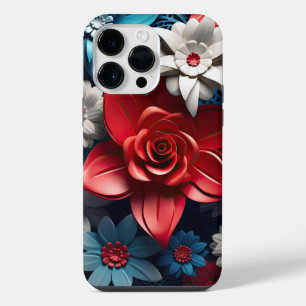 COQUE POUR POUR iPhone 14 PRO MAX FLEURS ROUGES BLANCHES BLEUES AMÉRICAINES PATRIOTI