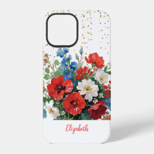 Coque iPhone 12 Pro Fleurs rouges bleues or pailletées de fleurs sauva