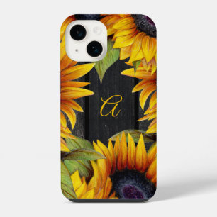 Coque Pour iPhone 14 Fleurs rustiques tournesols jaunes monogramme bois