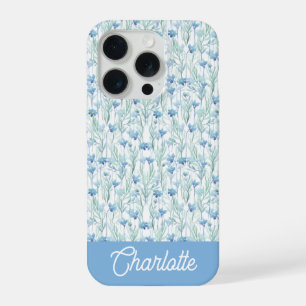 Coque iPhone 15 Pro Fleurs sauvages aquarelle bleue nom personnalisé