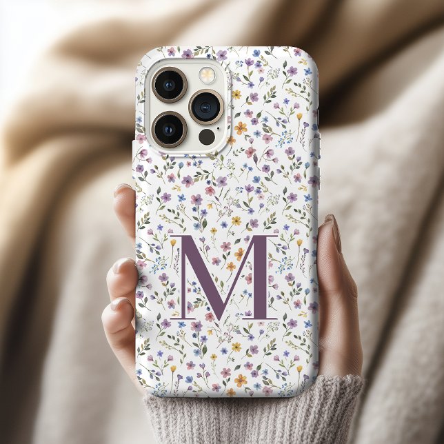 Coque iPhone Fleurs Sauvages Aquarelle Initiale Personnalisée D (Floral monogram initial custom phone case bridesmaid mother’s day bachelorette party students gift)