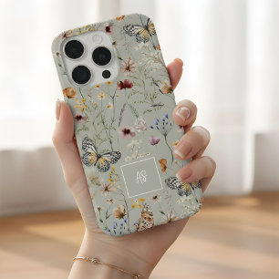 Coque iPhone 15 Pro Fleurs sauvages aquarelles motif monogrammé