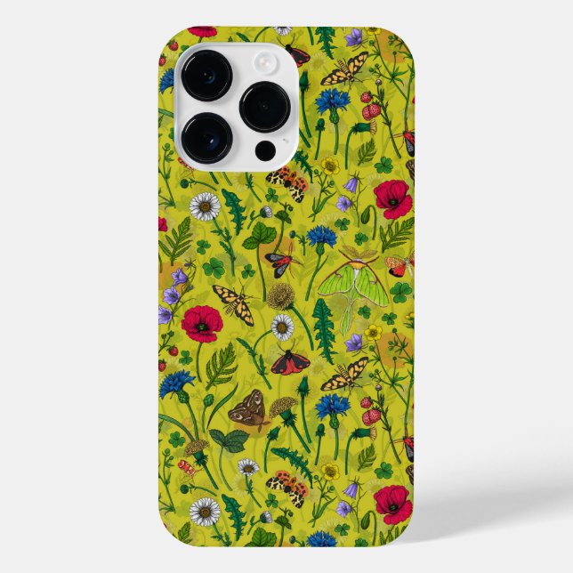 Coque iPhone Fleurs sauvages et papillons de nuit en vert (Verso)