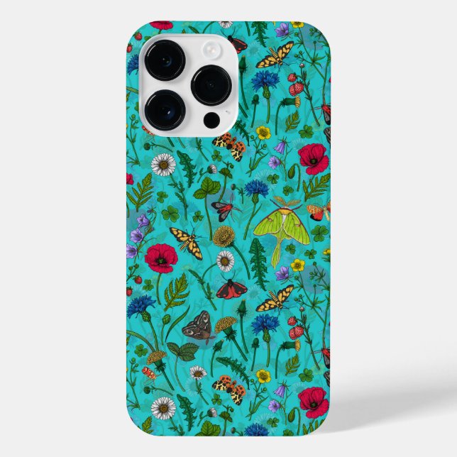 Coque iPhone Fleurs sauvages et papillons de nuit sur turquoise (Verso)