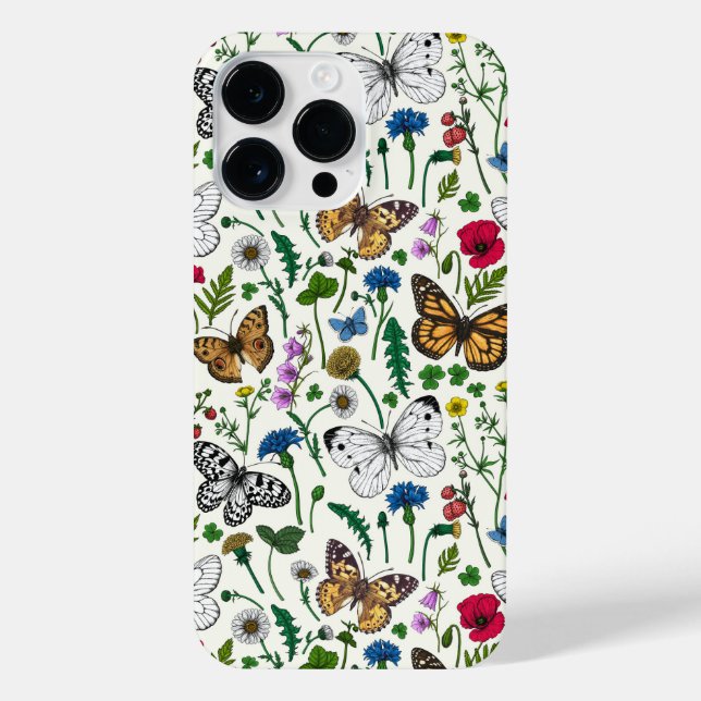 Coque iPhone Fleurs sauvages et papillons sur blanc (Verso)