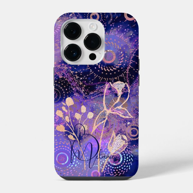Coque iPhone Fleurs sur fond de cercles bleu-violet design (Verso)