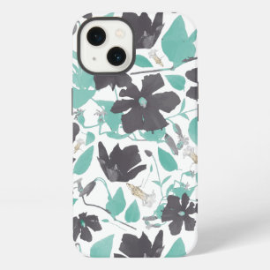 Etui iPhone 13 Fleurs Tendances Modernes Florales Grises Teal Mot