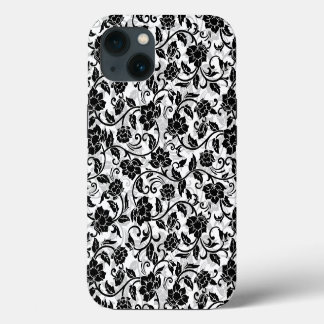 Etui iPhone 13 Fleurs tourbillonnantes noires et grises