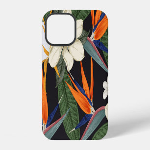 Coque iPhone 12 Fleurs tropicales, arrière - plan foncé, sans cout