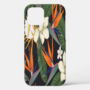 Coque iPhone 12 Fleurs tropicales, arrière - plan foncé, sans cout