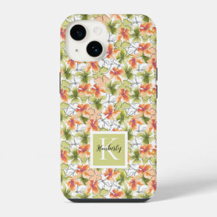 Coque Pour iPhone 14 Fleurs tropicales et monogramme d'art linéaire