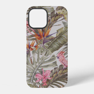 Coque iPhone 12 Fleurs tropicales, feuilles de palmiers, oiseau de