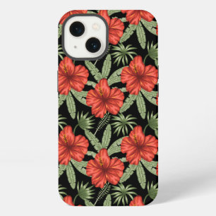 Etui iPhone 13 Fleurs tropicales rouges motif sans couture feuill
