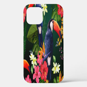 Coque iPhone 12 Fleurs tropicales, toucan : arrière - plan floral.