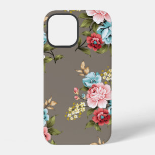 Coque iPhone 12 Fleurs vintage roses et bleues avec du vert et de