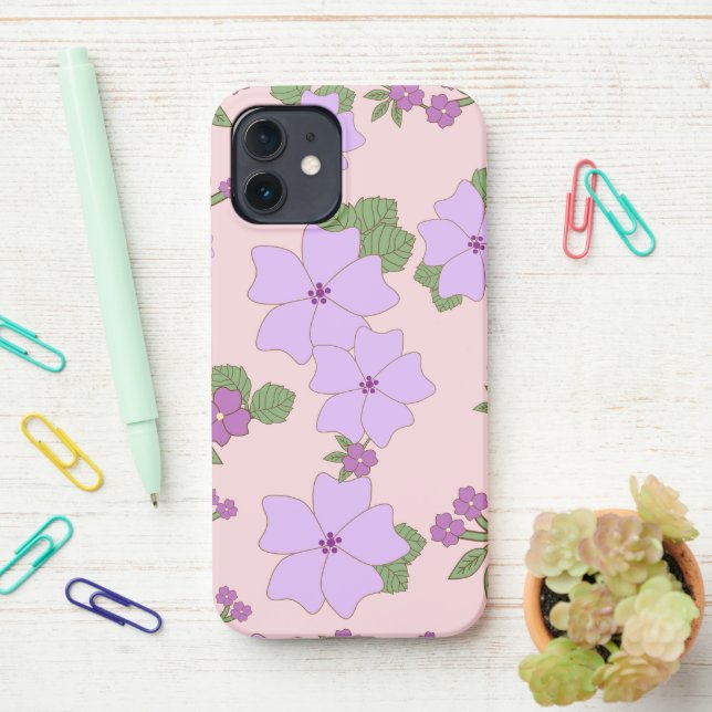 Coque iPhone Fleurs Violettes, Modèle Floral, Motif De Fleurs (Sur le bureau)
