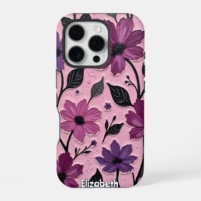 Coque iPhone Fleurs violettes texturées sur fond rose (Verso)