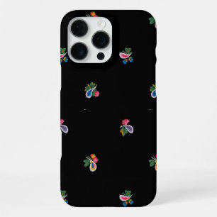 Coque iPhone 16 Pro Max Fleurs vives, feuilles et paisleys noirs