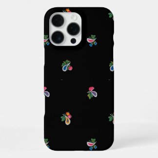 Coque iPhone 16 Pro Max Fleurs vives, feuilles et paisleys noirs