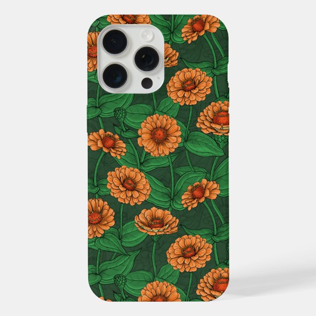 Coque iPhone Fleurs Zinnia orange, feuilles verts sur vert fonc (Verso)