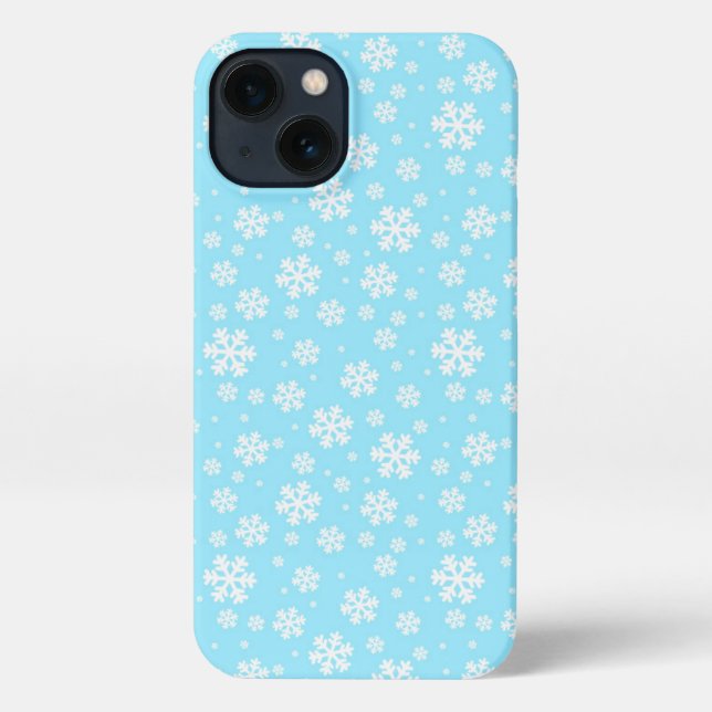 Coque iPhone Flocons blancs sur motif d'hiver bleu clair (Verso)