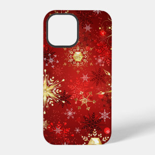 Coque iPhone 12 Pro Flocons de neige dorés de Noël sur fond rouge