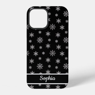 Coque iPhone 12 Flocons de neige motif noir nom personnalisé